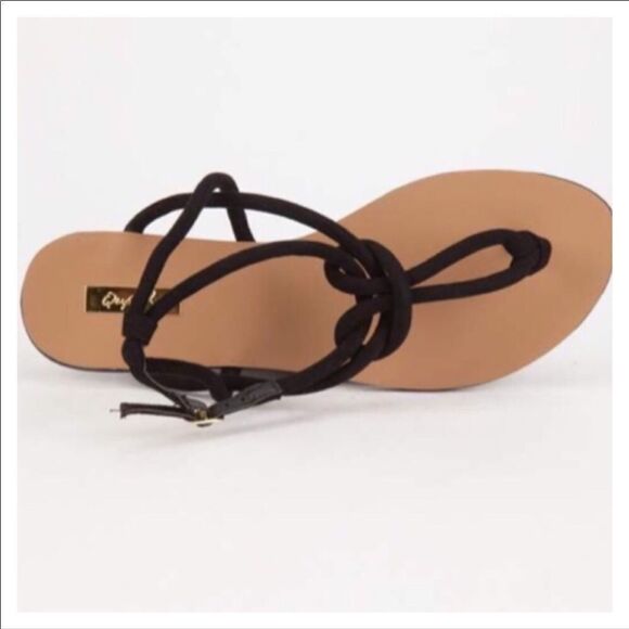 Black Rope T Strap Knot Buckle Closure Flat Sandals NEW - Picture 4 of 4